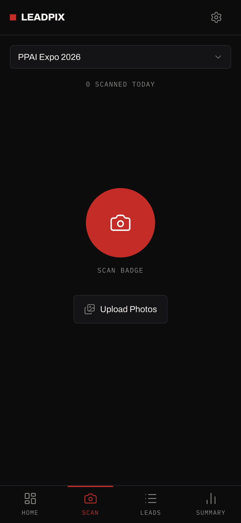 The LeadPix scan screen — the actual app, running dark for the show floor